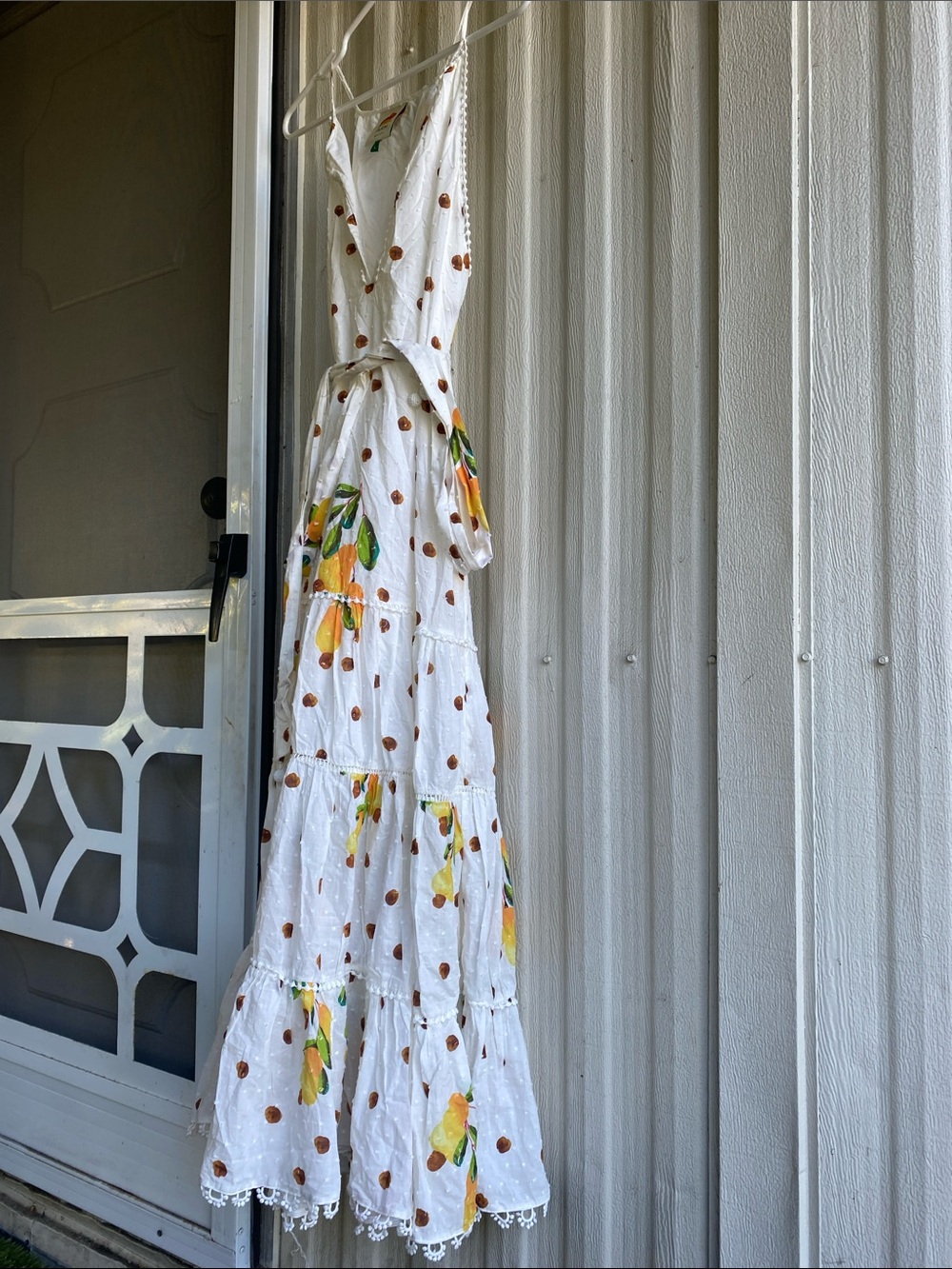 White Lemon Print Tiered Maxi Dress